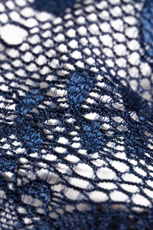 Lace flowers on a blue fabric close upの写真素材