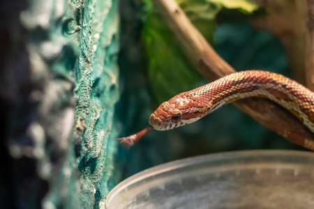 Small brown snake in a terrarium closeupの写真素材