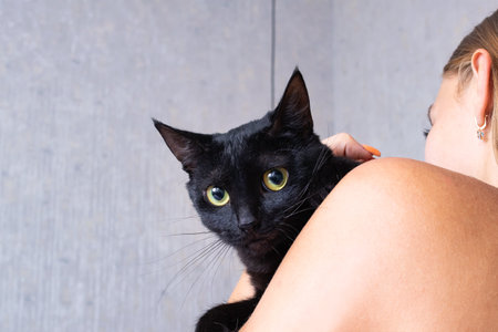 A black cat on a girl's shoulder close upの写真素材