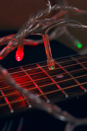 Garland light bulbs in the dark on guitar stringsの写真素材