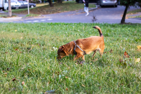 Ginger dog sniffing the ground close up portraitの写真素材