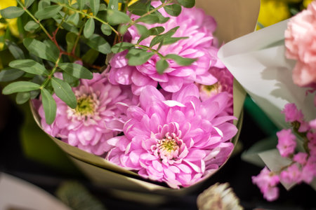 Flowers in a gift pack close up, backgroundの写真素材