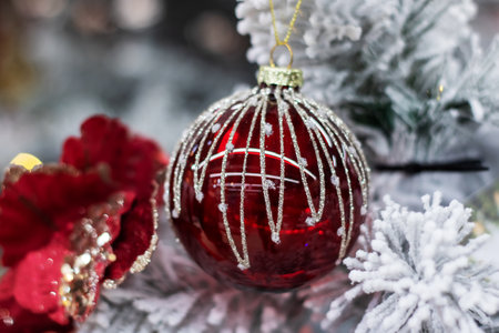 New Year's decorations on green spruce branches close upの写真素材