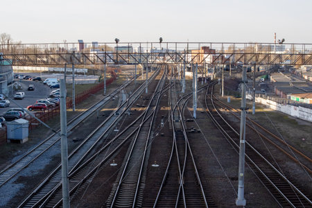 Belarus, Minsk - 24 March, 2023: Railway tracks at sunset close upのeditorial素材