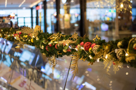 New Year's decorations on green spruce branches close upの写真素材