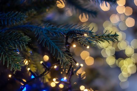 New Year's decorations on green spruce branches close upの写真素材
