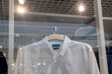 White shirts on hangers in store close upの写真素材