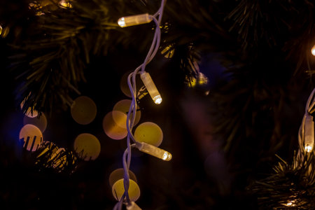 New Year's decorations on green spruce branches close upの写真素材
