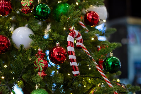 New Year's decorations on green spruce branches close upの写真素材