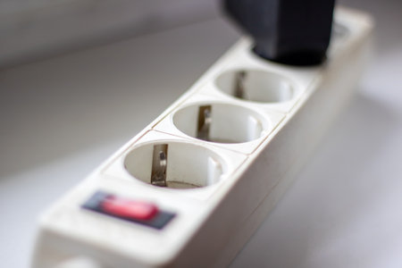 White Power strip with sockets close up, macrophotoの写真素材