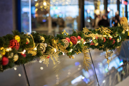 New Year's decorations on green spruce branches close upの写真素材