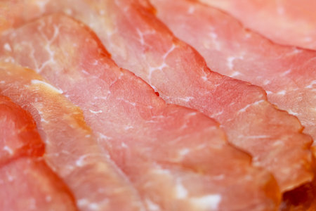 Red cuts of salted meat close up, macrophotoの写真素材