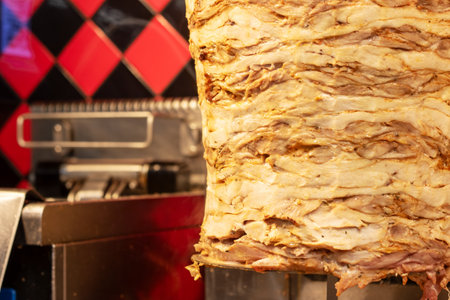 Meat for shawarma is fried on a spit close upの写真素材