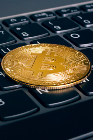 One bitcoins on a computer keyboard close up