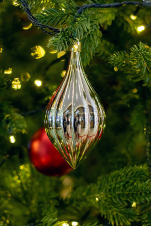 New Year's decorations on green spruce branches close upの写真素材
