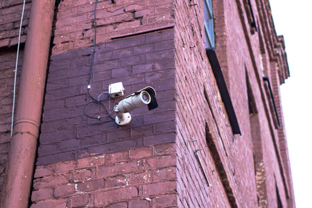 Surveillance camera on the wall of the building close upの写真素材