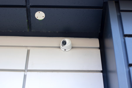 Surveillance camera on the wall of the building close up
