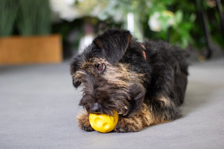 Carnivorous Canidae dog is chewing on a yellow ballの写真素材