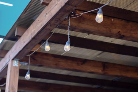 A string of lights is suspended from a sturdy wooden beam, adding a warm ambiance to the shaded area...