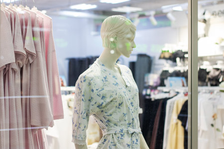 A fashion design mannequin is elegantly displayed in a store window of a boutique, showing the latest trendy styles to attract potential customersの写真素材