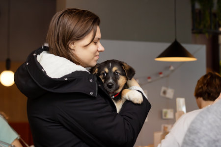 Belarus, Minsk - December 17, 2023: Girl holding a puppy close up