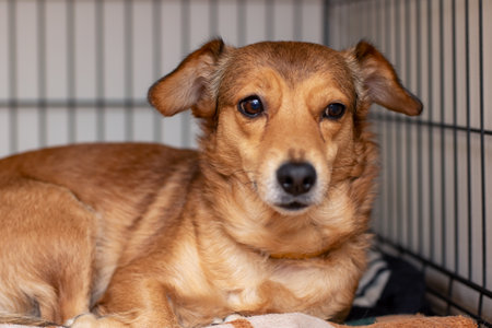 A brown dog is comfortably laying on a soft bed while curiously looking directly at the camera with its charming eyesの写真素材