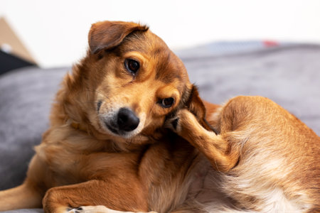 A brown dog is currently scratching its head with its paw in what seems like a moment of playful curiosity or potential boredomの写真素材