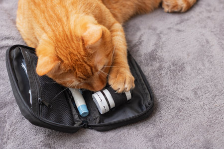 A fluffy cat is comfortably laying on a soft carpet next to a wooden case, enjoying its restの写真素材