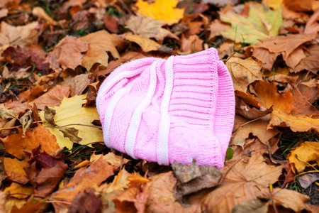A soft pink sweater is casually laying atop a colorful pile of autumn leaves, creating a beautiful...
