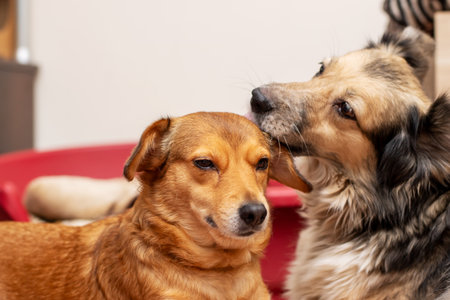 Two dogs are peacefully laying on a soft bed, and one dog is affectionately licking the other dogs...