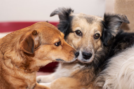 Two adorable dogs are comfortably laying next to each other while they are both looking directly at...