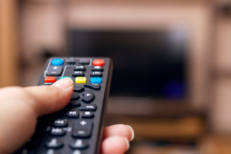 A person is currently holding a remote control device firmly in their hand as they prepare to use it...
