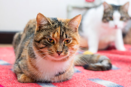 A beautiful calico cat is comfortably laying down on a cozy red blanket, nestled in for a nice rest...