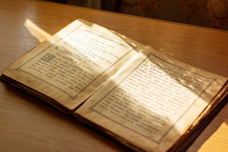 An open book displays two pages with text in an interesting font style.