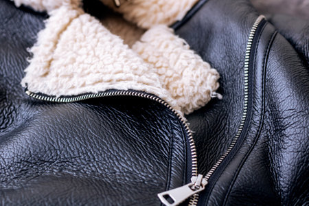 A closeup view of a sleek black leather jacket that showcases luxurious fur trim along with...