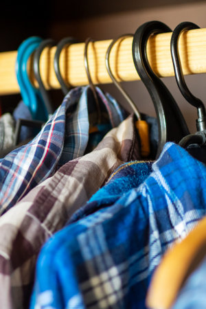 A collection of various shirts is hanging neatly on a rack that can be found inside a closet, awaiting to be chosen for wearの写真素材