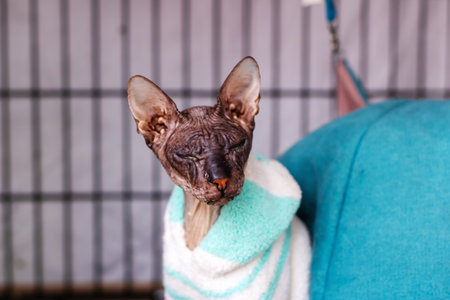 A sphinx cat is cozily wrapped in a soft blue and white striped blanket, making it look even more...