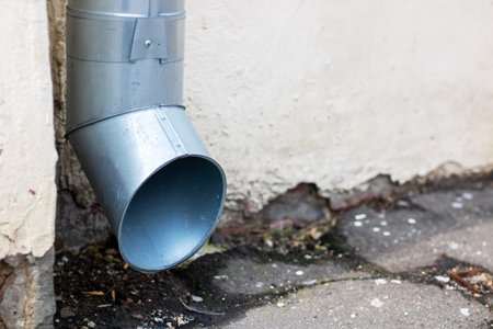 This is an upclose view of a drain pipe located on the exterior side of a building structure, showing its details and surroundingsの写真素材