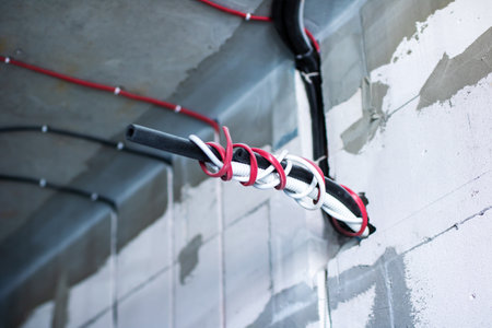 A collection of various wires is securely connected to a wall, illustrating an organized electrical...