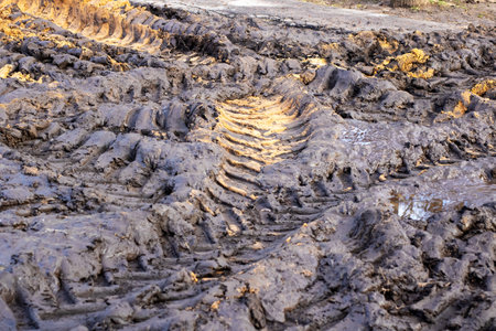 This image features a closeup view of tire tracks embedded in a muddy field, showing the effects of...