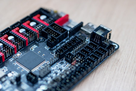 This image showcases a detailed closeup of a computer motherboard placed neatly on a rustic wooden...