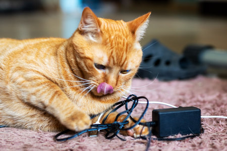 A playful cat is curiously licking its nose while engaged in a silly game with some dangling wires...