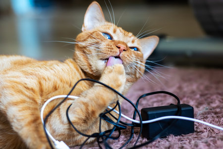 A playful cat is laying comfortably on the floor, engaging curiously with a tangle of colorful wires...