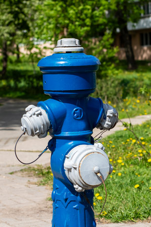 A bright blue fire hydrant is prominently sitting on the side of the road, catching the eye of...