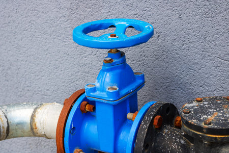 This is a detailed close up view of a blue valve that is attached to a pipe, showing the intricate...
