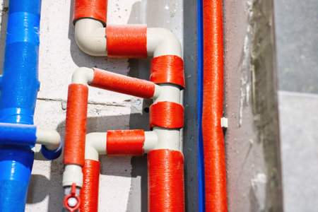 A detailed closeup view showing numerous red and blue pipes attached firmly to a wall, creating an...