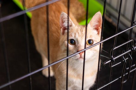 A cat is sitting in a cage, intently looking at the camera
