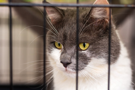A gray and white cat in a cage, displaying its striking yellow eyesの写真素材