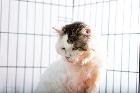 A small, fluffy cat is sitting inside a cage with food smeared all over its face, looking quite...