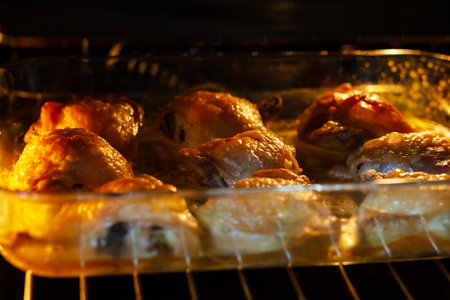Freshly baked chicken thighs in a glass dish, sizzling under the oven's warm glow, perfect for a...